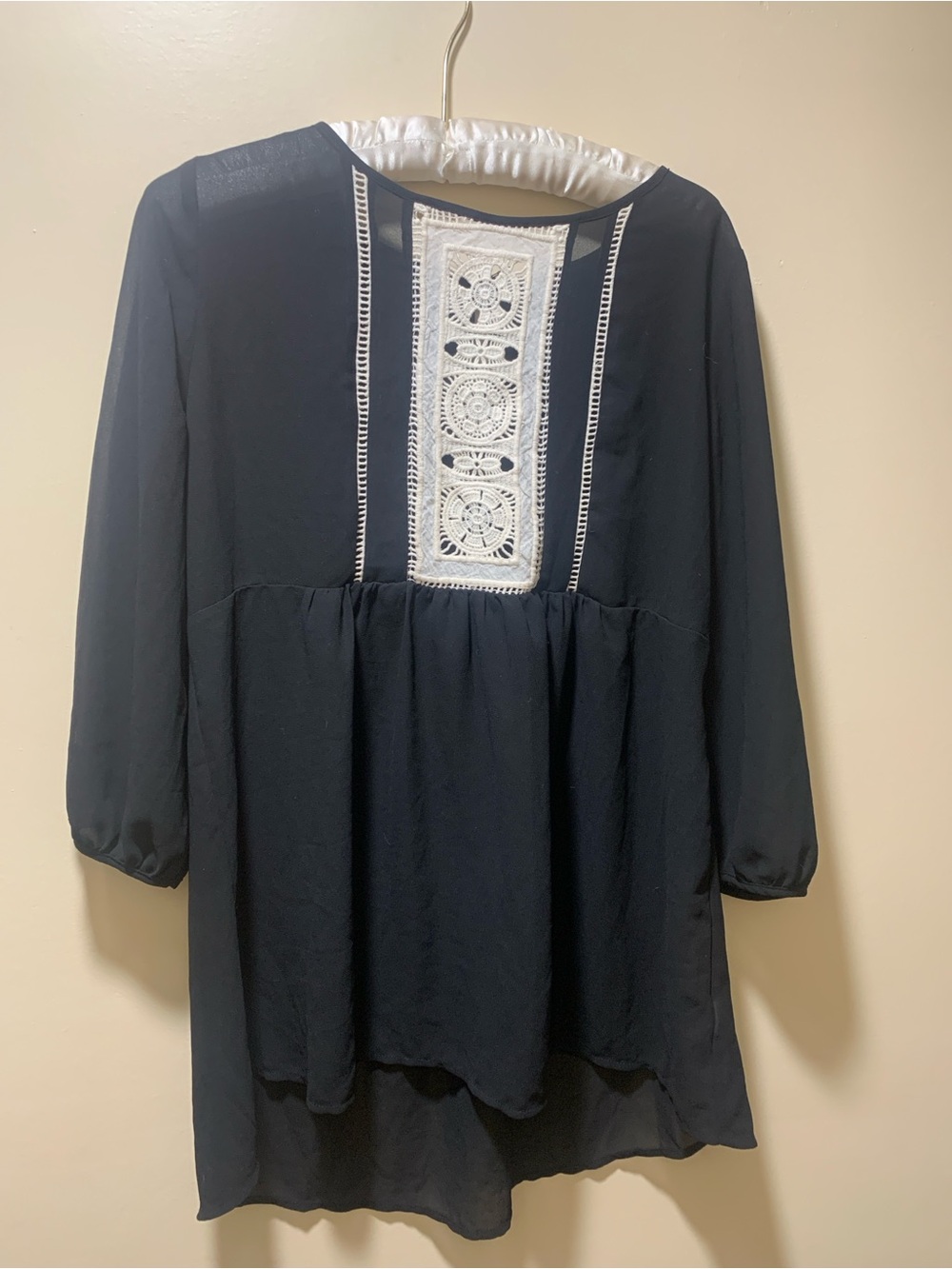 Monteau Black Tunic with White Crochet Front Panel
